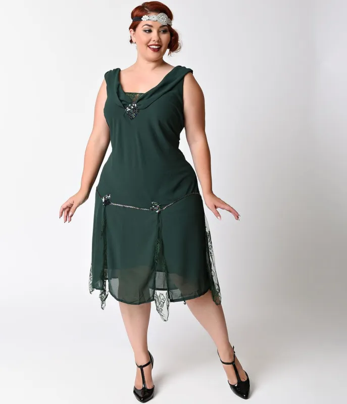 Unique Vintage Plus Size 1920s Emerald Green Hemingway Flapper Dress made by Unique Vintage