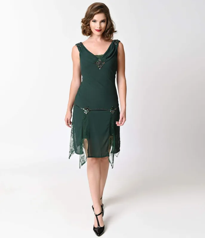 Unique Vintage 1920s Emerald Green Hemingway Flapper Dress sold by Unique Vintage