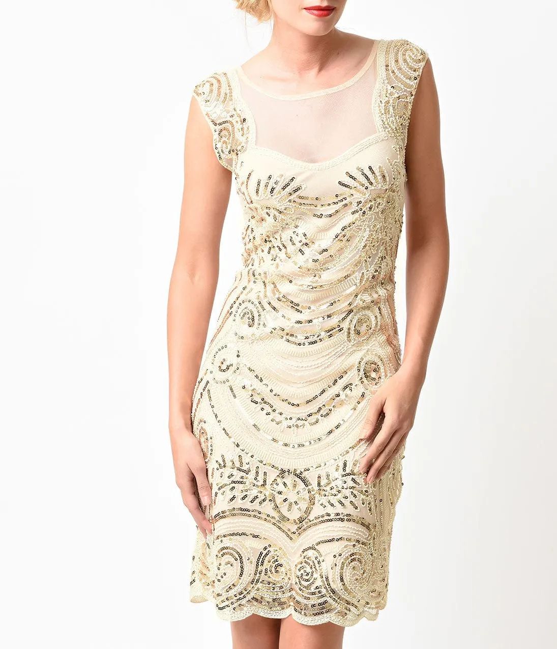 Unique Vintage 1920s Style Cream & Gold Beaded Deco Illusion Short Flapper Dress sold by Unique Vintage product image thumbnail 4