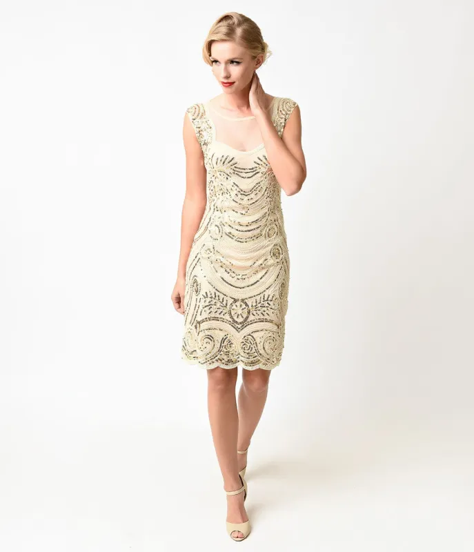 Unique Vintage 1920s Style Cream & Gold Beaded Deco Illusion Short Flapper Dress sold by Unique Vintage