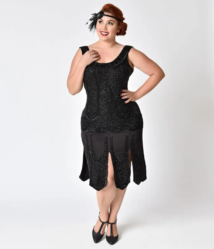 Unique Vintage Plus Size 1920s Black Beaded Sateen Eleanor Flapper Dress made by Unique Vintage