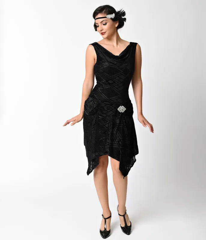 Unique Vintage 1920s Style Black Deco Burnout Velvet Velma Flapper Dress sold by Unique Vintage
