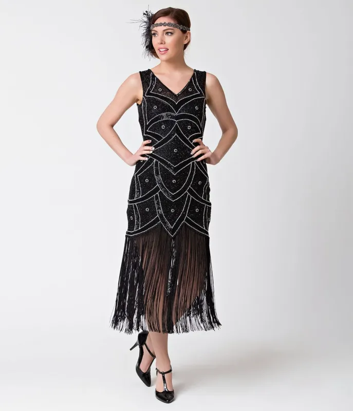 Unique Vintage 1920s Black & Silver Beaded Mesh Isadora Fringe Flapper Dress made by Unique Vintage