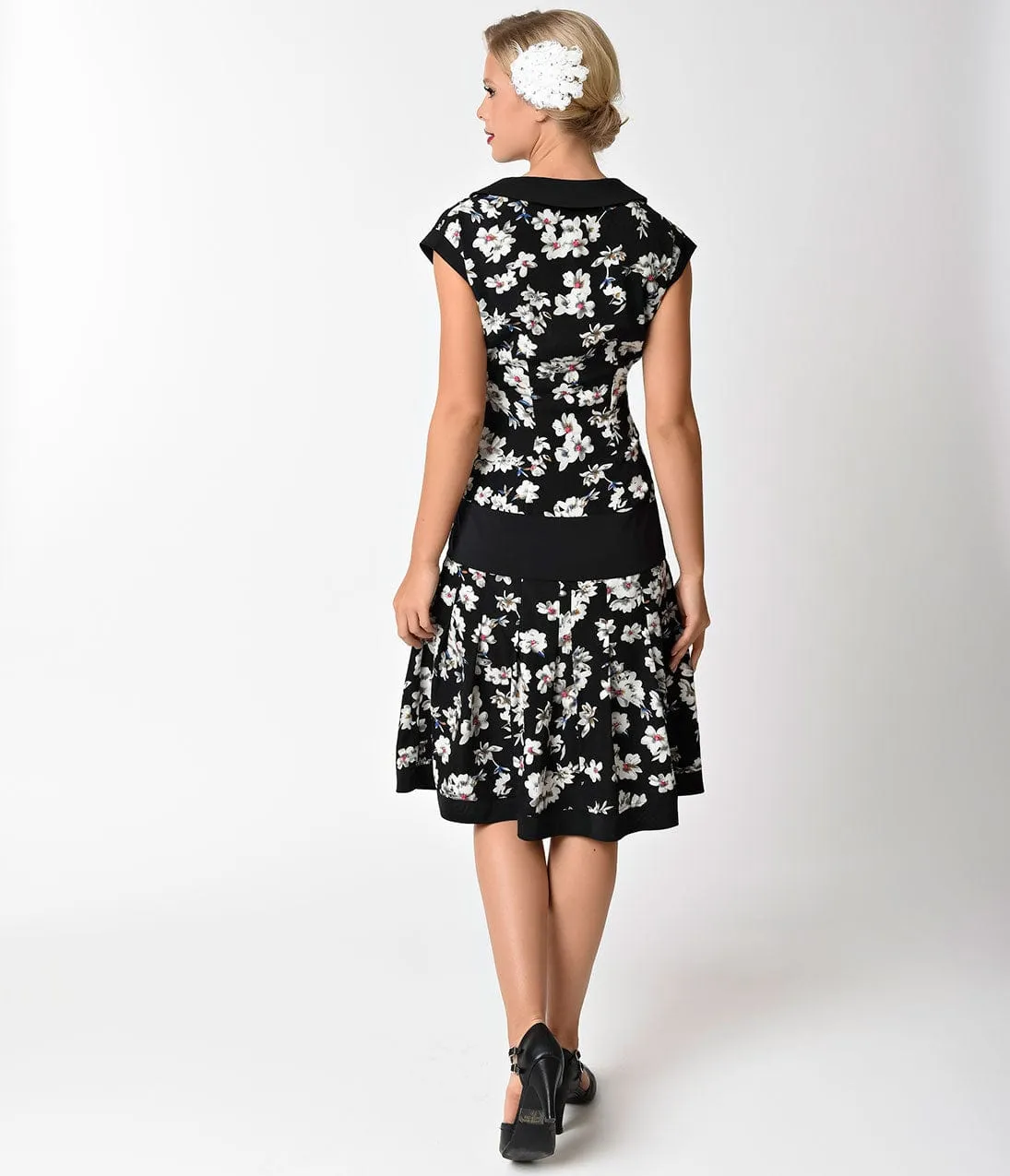 Unique Vintage 1920s Style Black & Ivory Floral Twyla Flapper Day Dress sold by Unique Vintage product image thumbnail 5