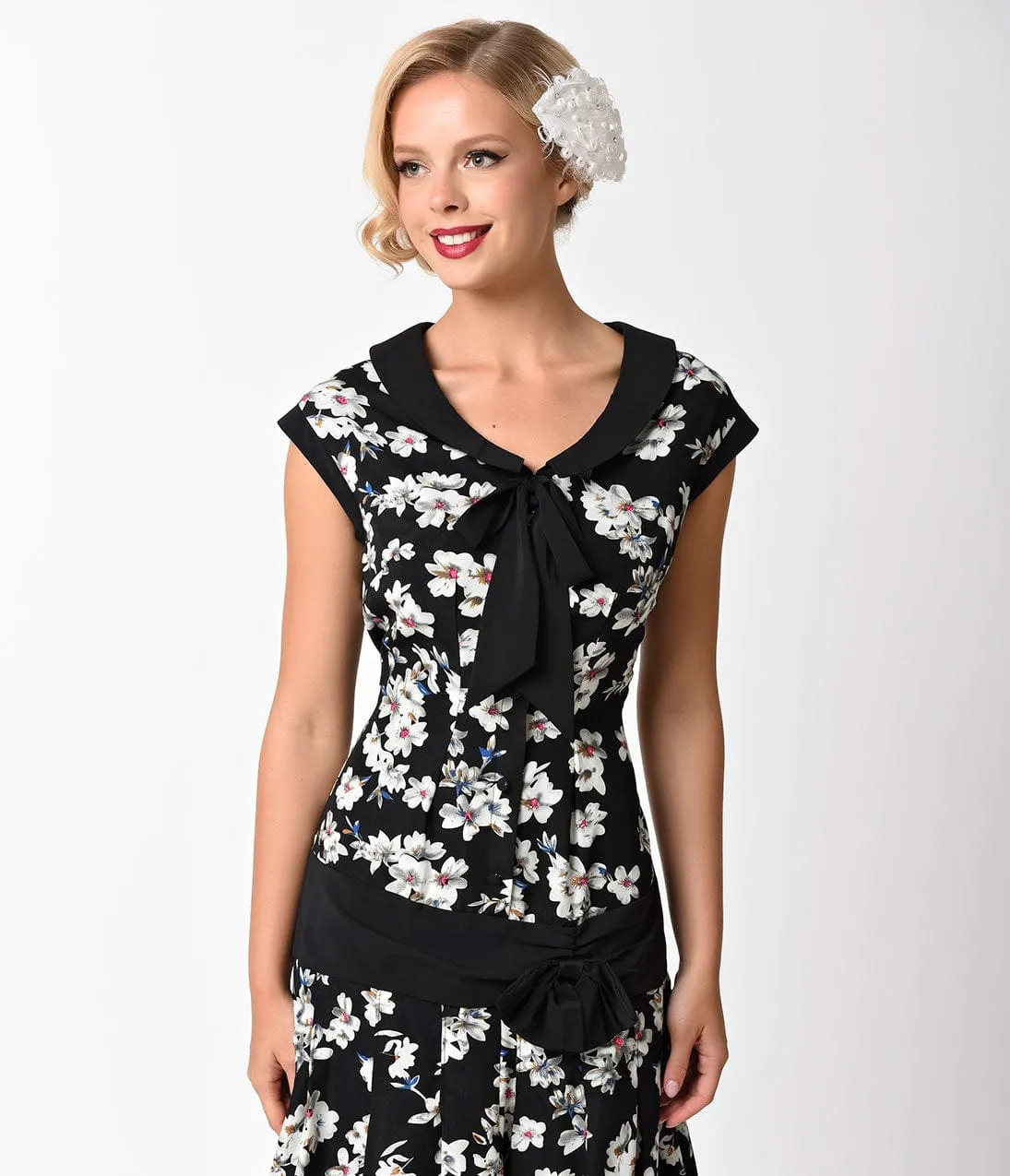 Unique Vintage 1920s Style Black & Ivory Floral Twyla Flapper Day Dress sold by Unique Vintage product image thumbnail 3