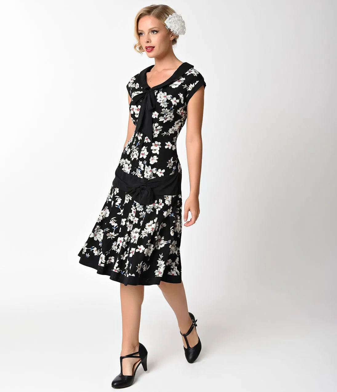 Unique Vintage 1920s Style Black & Ivory Floral Twyla Flapper Day Dress sold by Unique Vintage product image thumbnail 4