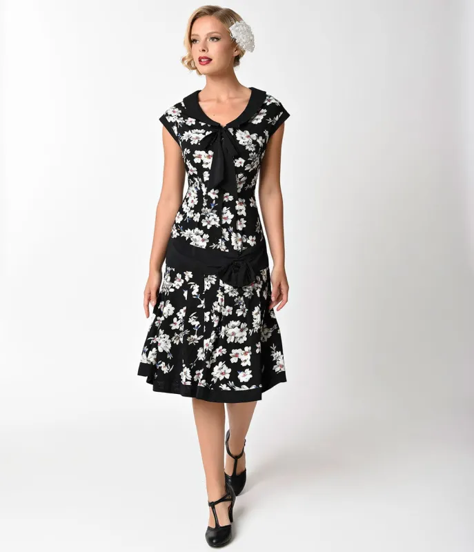 Unique Vintage 1920s Style Black & Ivory Floral Twyla Flapper Day Dress sold by Unique Vintage