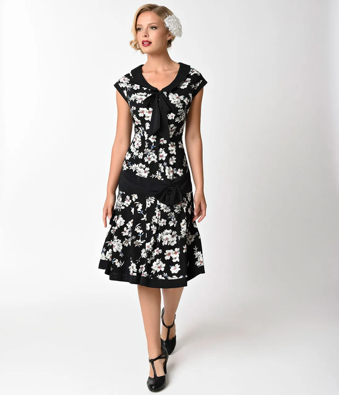 Unique Vintage 1920s Style Black & Ivory Floral Twyla Flapper Day Dress sold by Unique Vintage