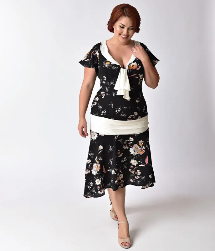 Unique Vintage Plus Size 1920s Style Black Floral Print Wilshire Flapper Day Dress made by Unique Vintage