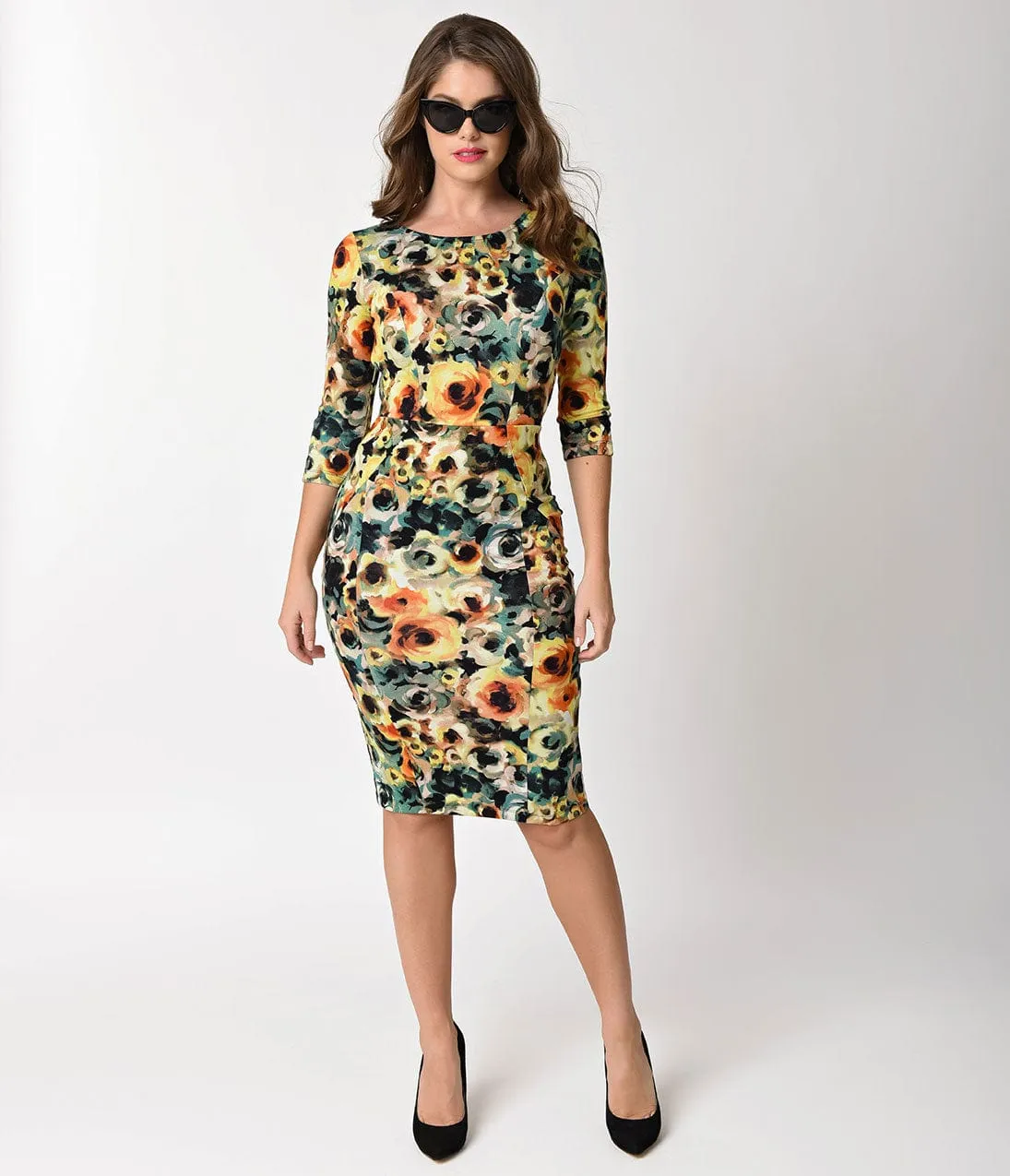 Unique Vintage 1960s Style Yellow Floral Long Sleeve Mod Wiggle Dress sold by Unique Vintage product image thumbnail 4