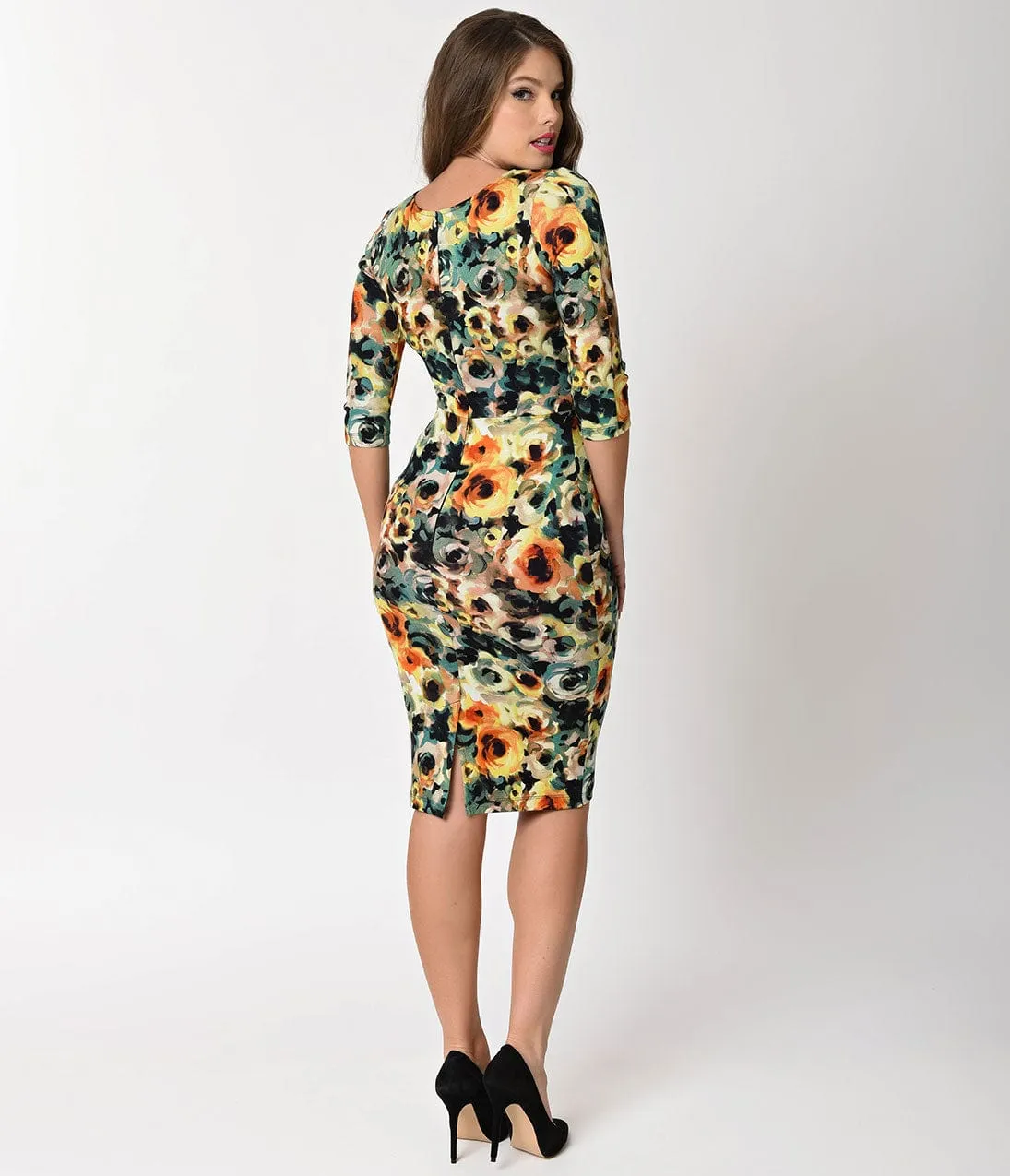 Unique Vintage 1960s Style Yellow Floral Long Sleeve Mod Wiggle Dress sold by Unique Vintage product image thumbnail 2