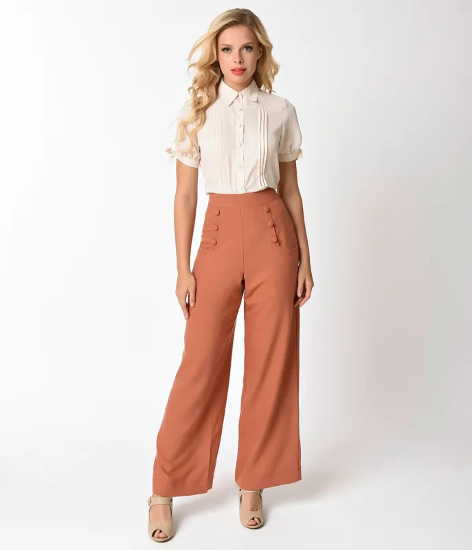 Unique Vintage 1940s Style Cinnamon Brown High Waist Sailor Ginger Pants made by Unique Vintage