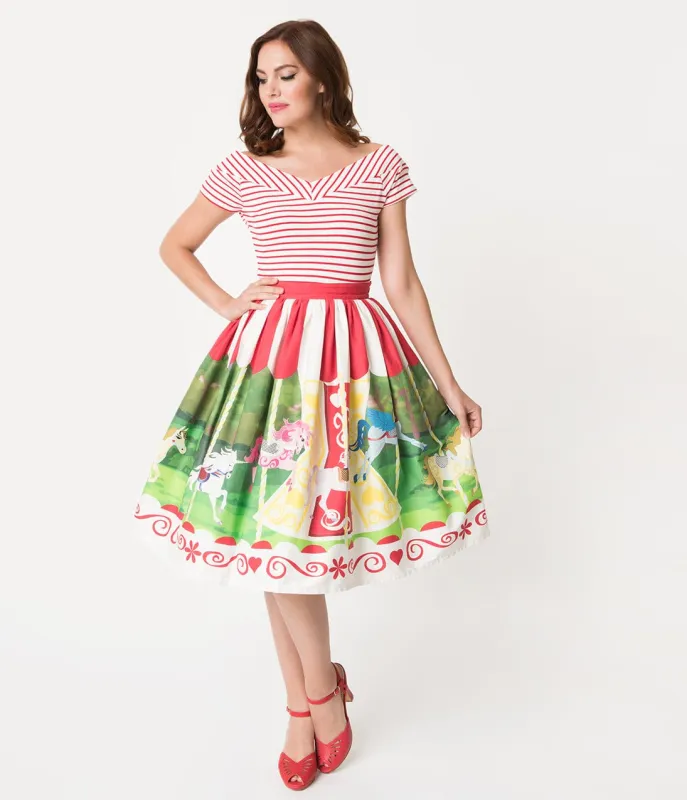 Unique Vintage 1950s Style Carousel Cotton High Waist Swing Skirt sold by Unique Vintage