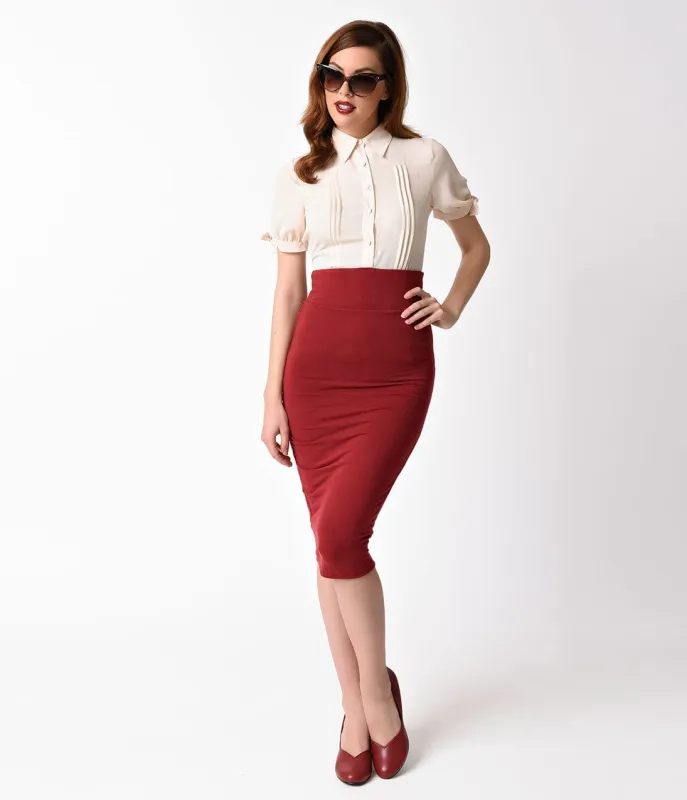 Unique Vintage 1960s Burgundy High Waist Katharine Wiggle Skirt made by Unique Vintage