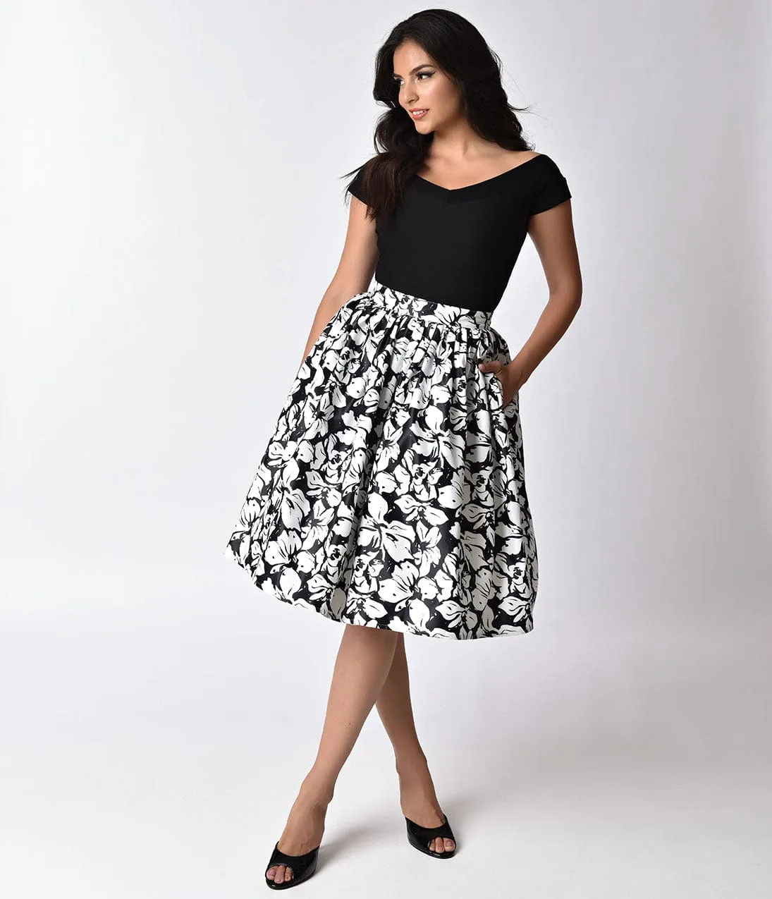 Unique Vintage 1950s Style Black & White Floral High Waist Swing Skirt sold by Unique Vintage product image thumbnail 5