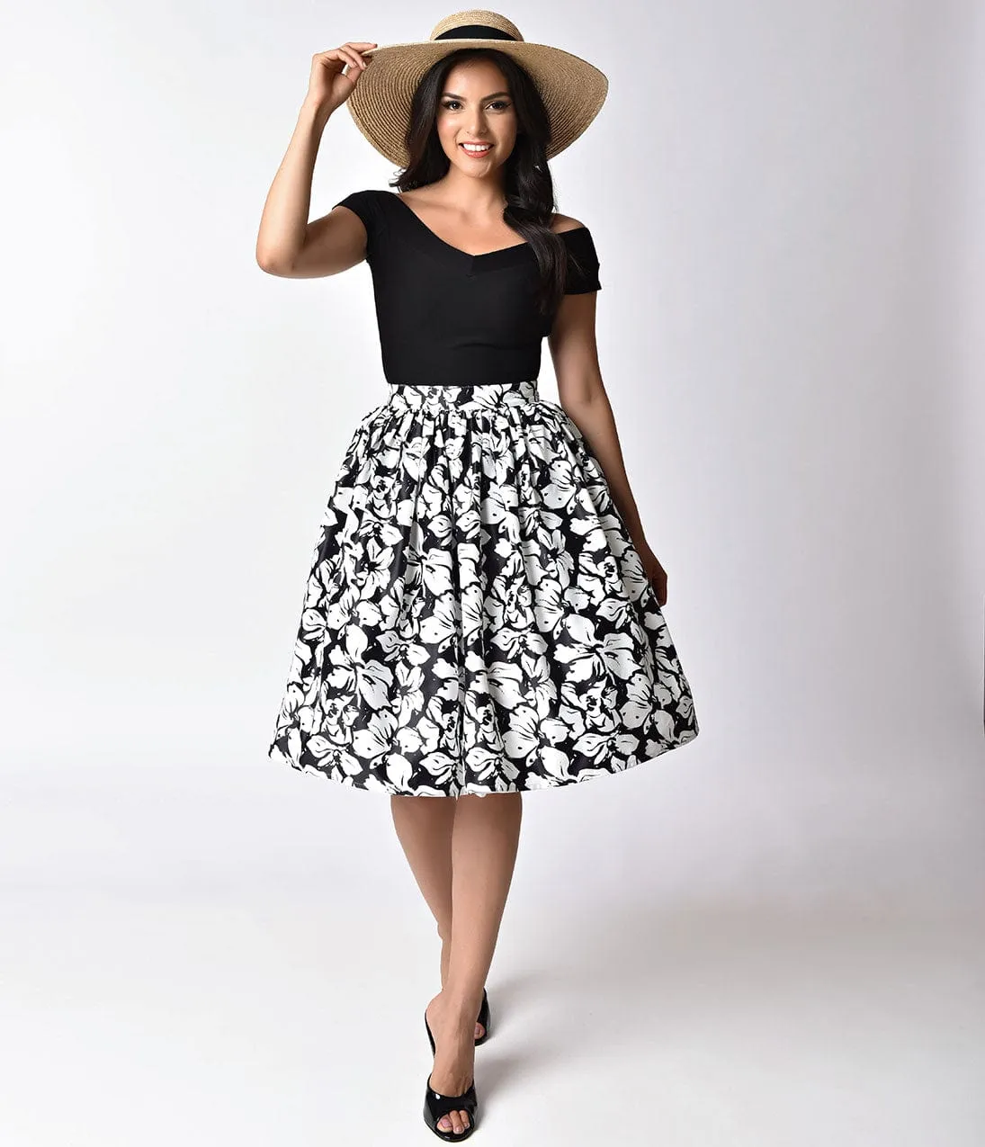 Unique Vintage 1950s Style Black & White Floral High Waist Swing Skirt sold by Unique Vintage product image thumbnail 2