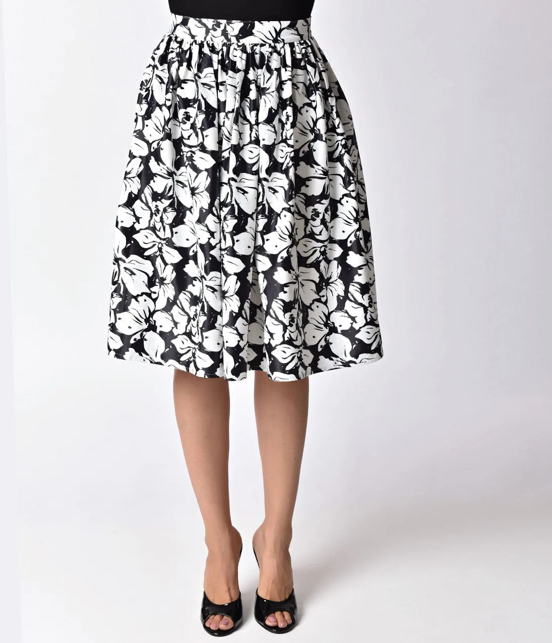 Unique Vintage 1950s Style Black & White Floral High Waist Swing Skirt sold by Unique Vintage product image thumbnail 3