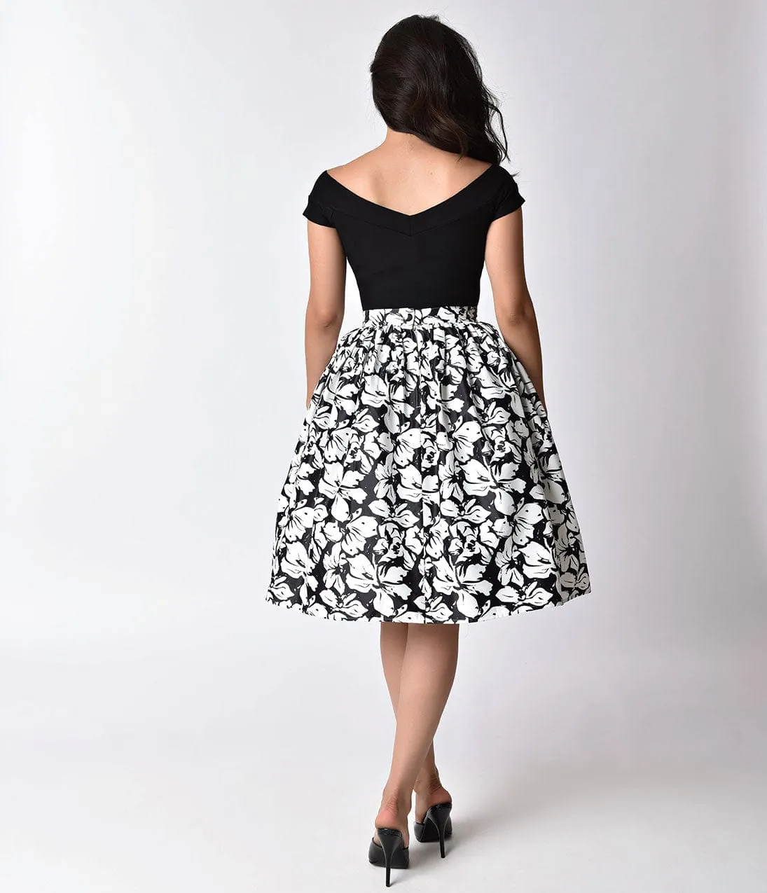 Unique Vintage 1950s Style Black & White Floral High Waist Swing Skirt sold by Unique Vintage product image thumbnail 4