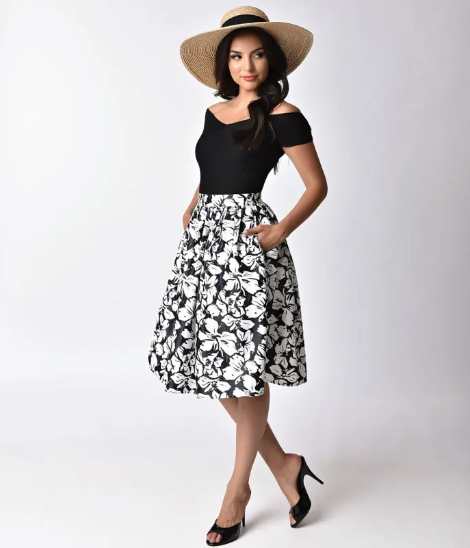 Unique Vintage 1950s Style Black & White Floral High Waist Swing Skirt sold by Unique Vintage