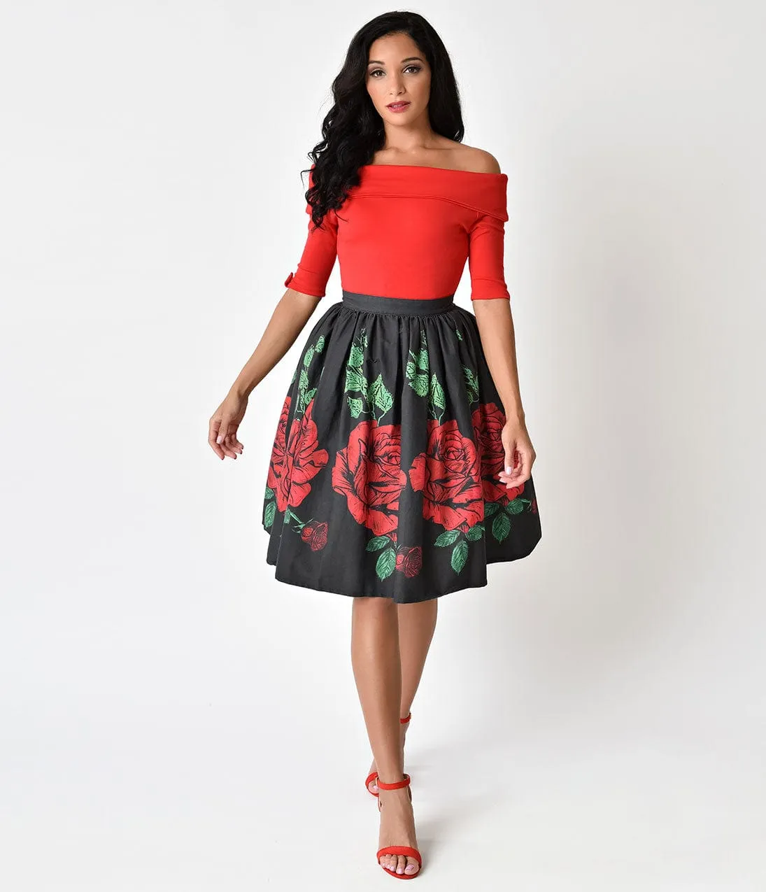 Unique Vintage 1950s Style Black & Red Rose Print High Waist Cotton Swing Skirt sold by Unique Vintage product image thumbnail 4