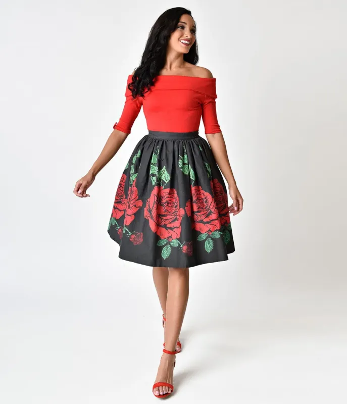 Unique Vintage 1950s Style Black & Red Rose Print High Waist Cotton Swing Skirt sold by Unique Vintage