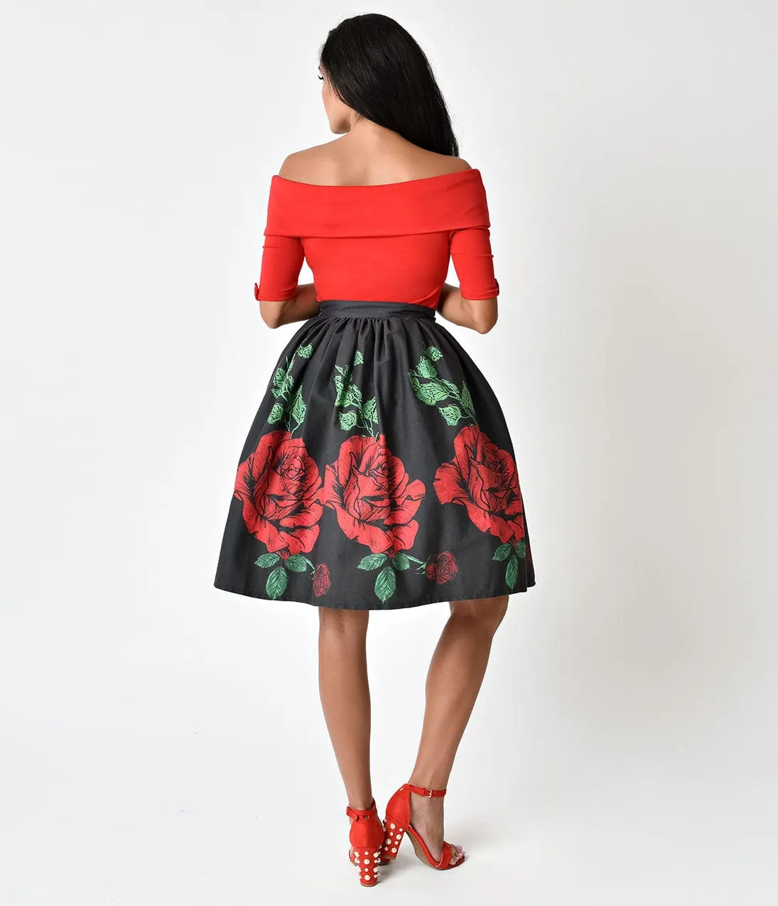 Unique Vintage 1950s Style Black & Red Rose Print High Waist Cotton Swing Skirt sold by Unique Vintage product image thumbnail 5