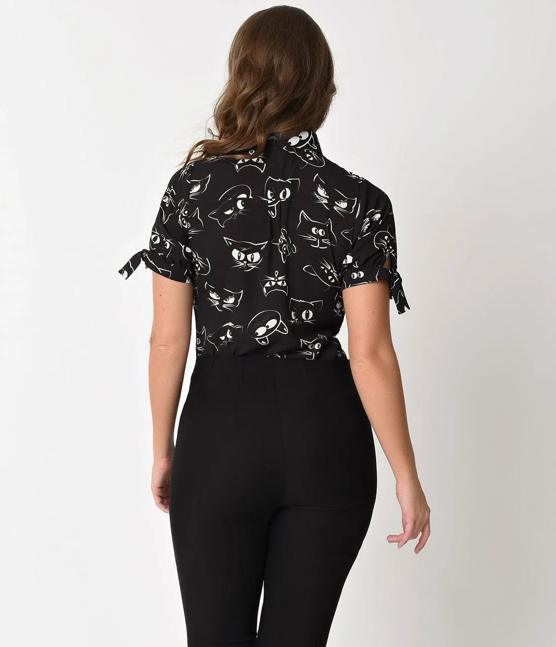 Unique Vintage Black Prowling Cat Print Button Up Short Sleeve Colvin Blouse sold by Unique Vintage product image thumbnail 5