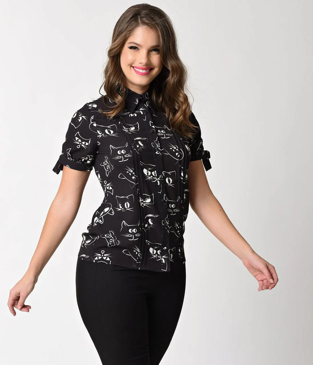 Unique Vintage Black Prowling Cat Print Button Up Short Sleeve Colvin Blouse sold by Unique Vintage product image thumbnail 3
