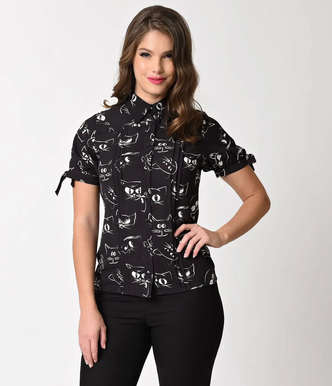 Unique Vintage Black Prowling Cat Print Button Up Short Sleeve Colvin Blouse sold by Unique Vintage product image thumbnail 4