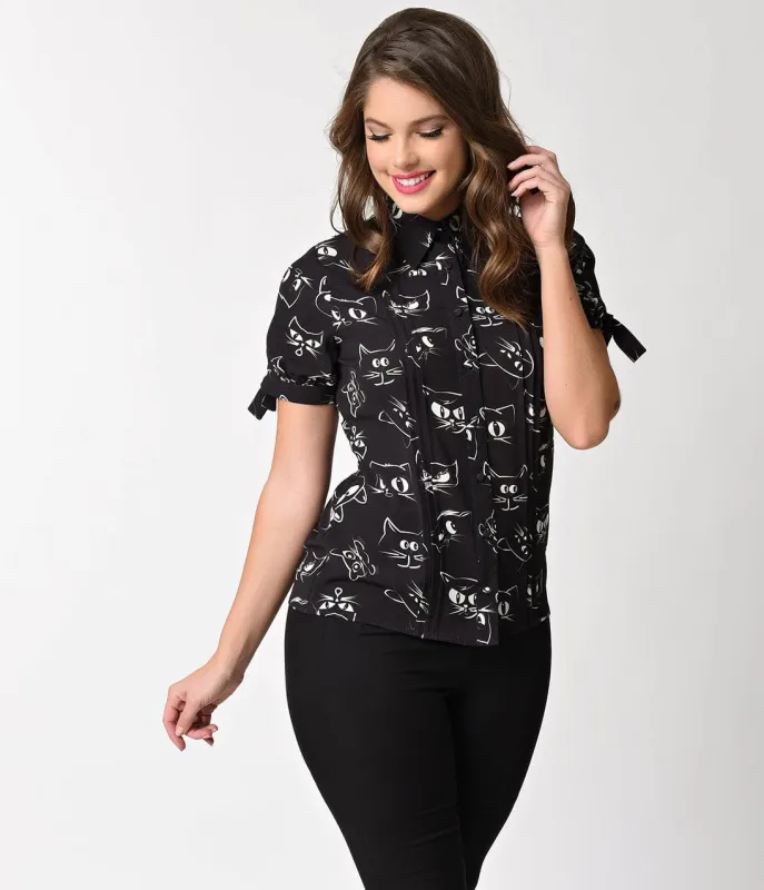 Unique Vintage Black Prowling Cat Print Button Up Short Sleeve Colvin Blouse made by Unique Vintage