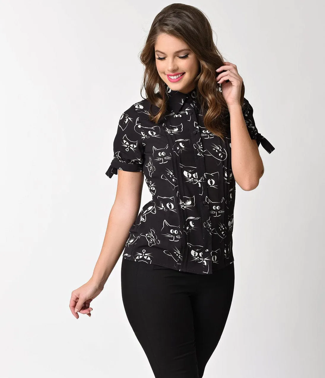 Unique Vintage Black Prowling Cat Print Button Up Short Sleeve Colvin Blouse sold by Unique Vintage