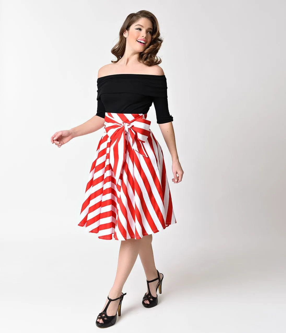 Unique Vintage Red & White Striped High Waist Bow Tina Swing Skirt sold by Unique Vintage product image thumbnail 4