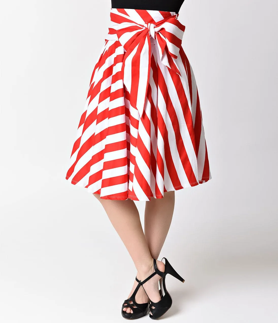 Unique Vintage Red & White Striped High Waist Bow Tina Swing Skirt sold by Unique Vintage product image thumbnail 3