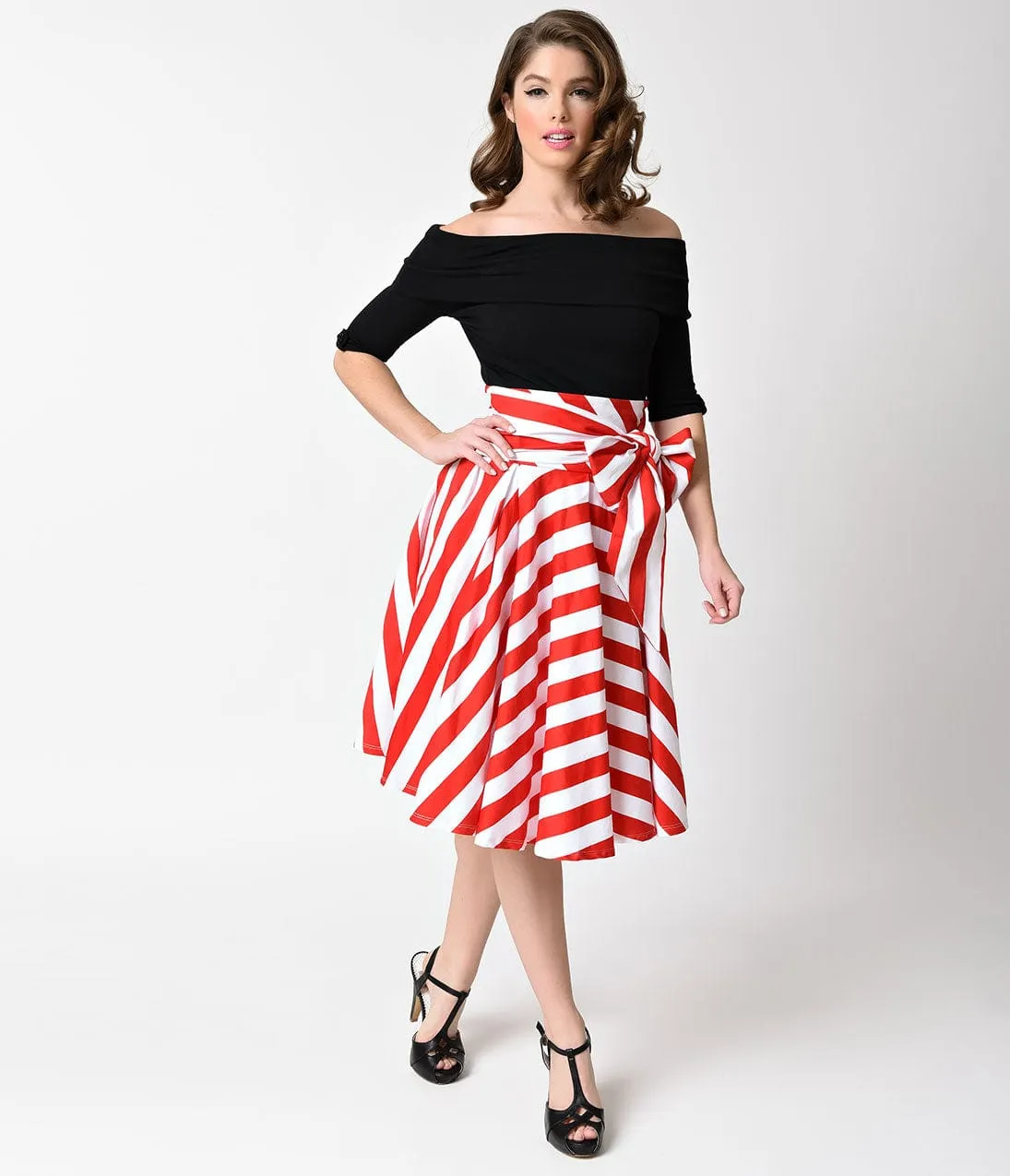 Unique Vintage Red & White Striped High Waist Bow Tina Swing Skirt sold by Unique Vintage