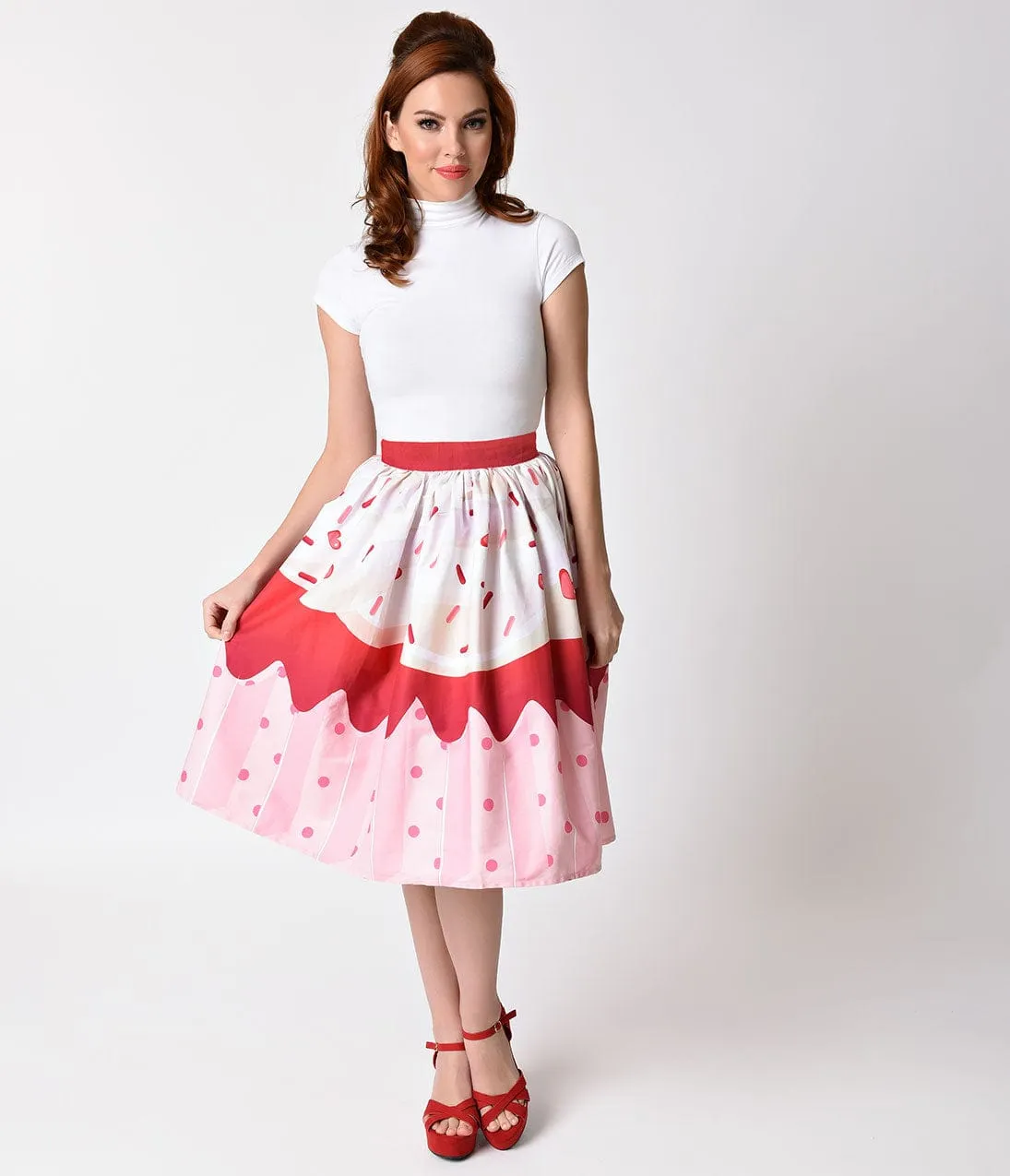 Unique Vintage 1950s Red Velvet Cupcake High Waist Circle Swing Skirt sold by Unique Vintage product image thumbnail 4