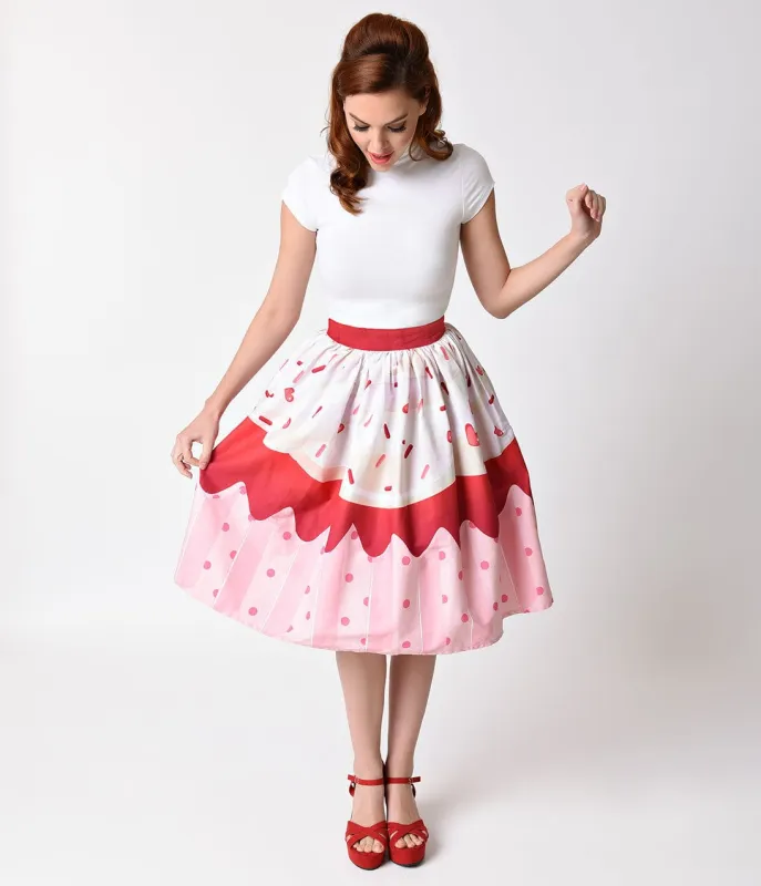 Unique Vintage 1950s Red Velvet Cupcake High Waist Circle Swing Skirt sold by Unique Vintage