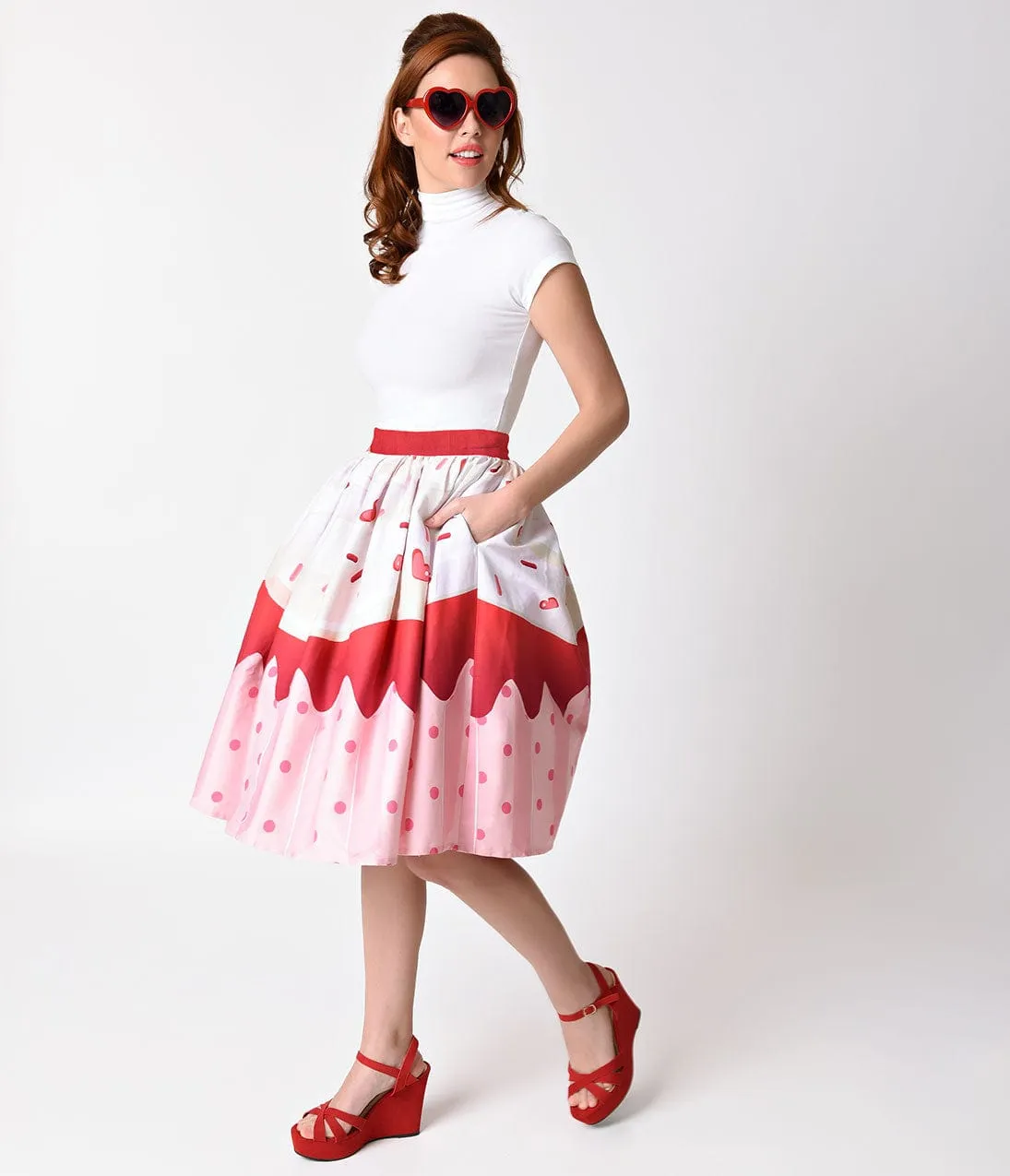 Unique Vintage 1950s Red Velvet Cupcake High Waist Circle Swing Skirt sold by Unique Vintage product image thumbnail 5