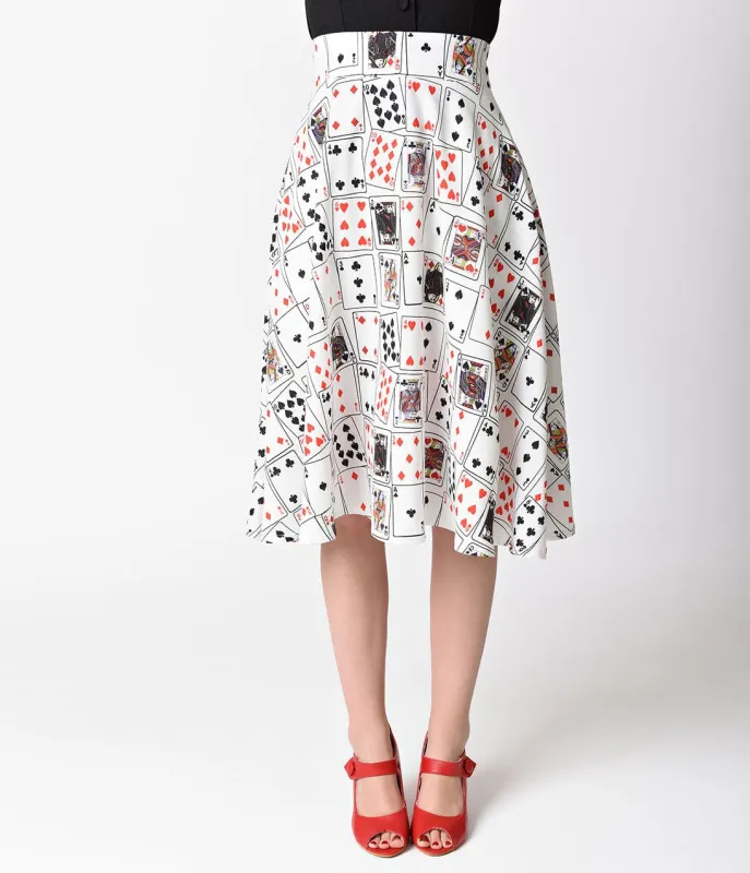 Unique Vintage 1950s Style White & Playing Cards Vivien Swing Skirt made by Unique Vintage