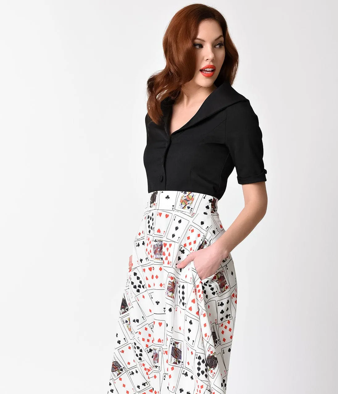 Unique Vintage 1950s Style White & Playing Cards Vivien Swing Skirt sold by Unique Vintage product image thumbnail 5