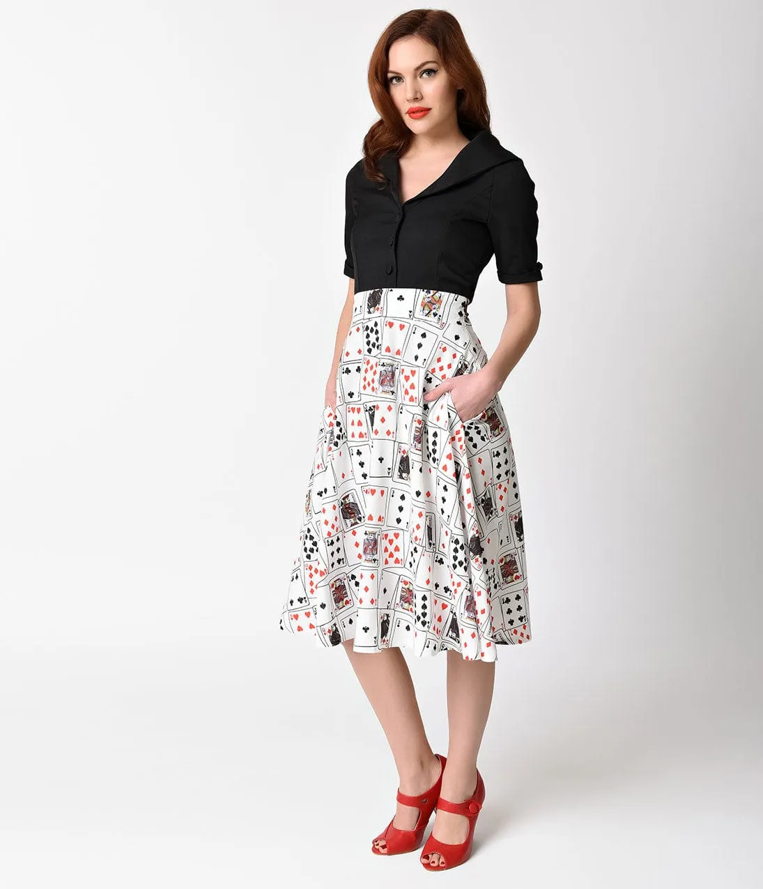 Unique Vintage 1950s Style White & Playing Cards Vivien Swing Skirt sold by Unique Vintage product image thumbnail 2