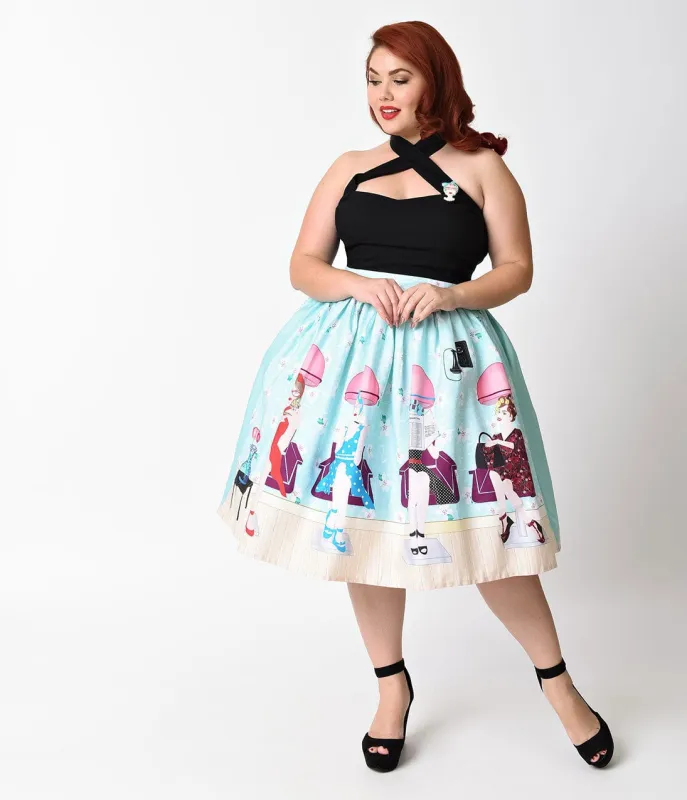 Unique Vintage Plus Size 1950s Pastel Beauty Salon High Waist Swing Skirt sold by Unique Vintage