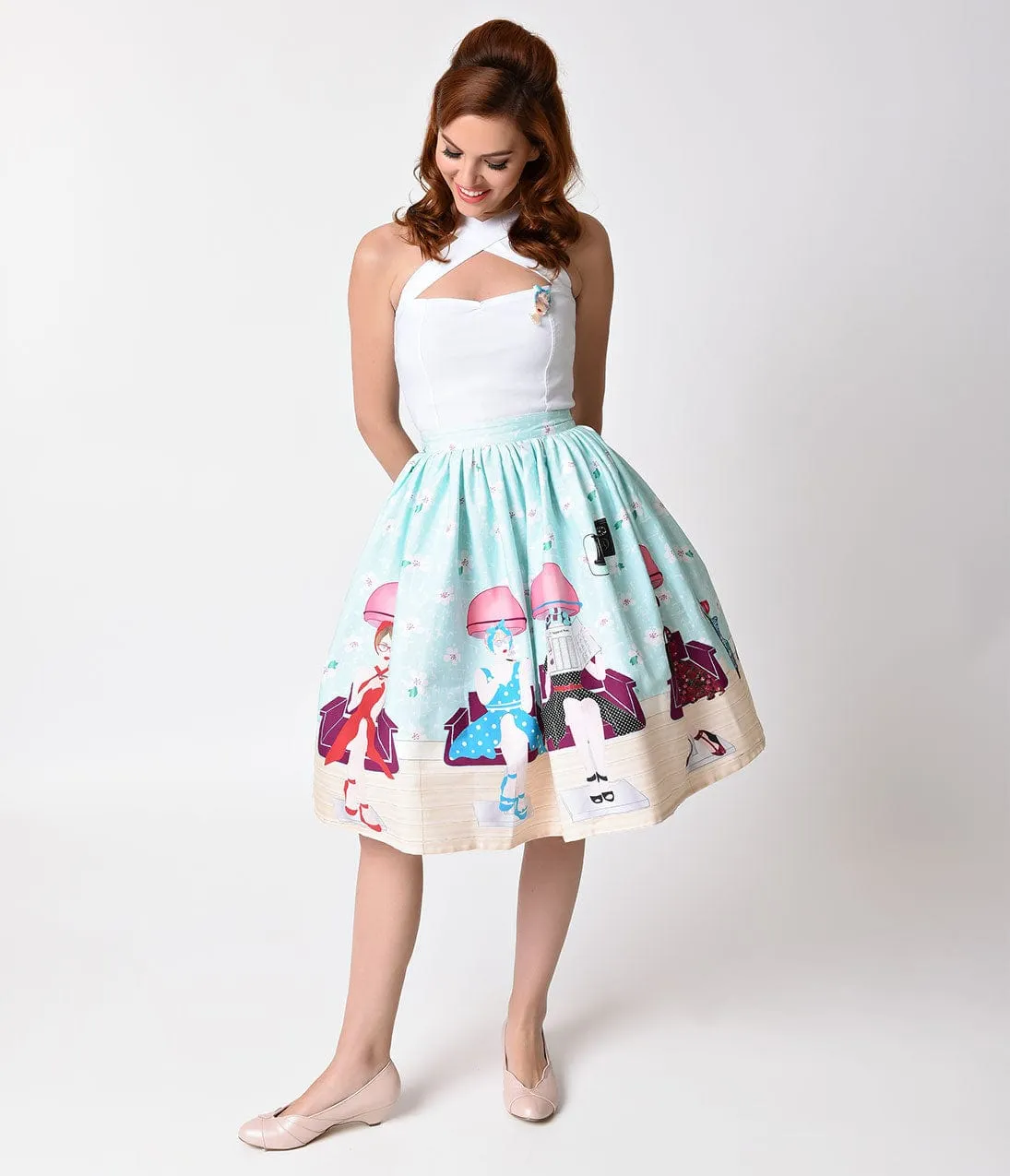 Unique Vintage 1950s Pastel Beauty Salon High Waist Circle Swing Skirt sold by Unique Vintage product image thumbnail 4