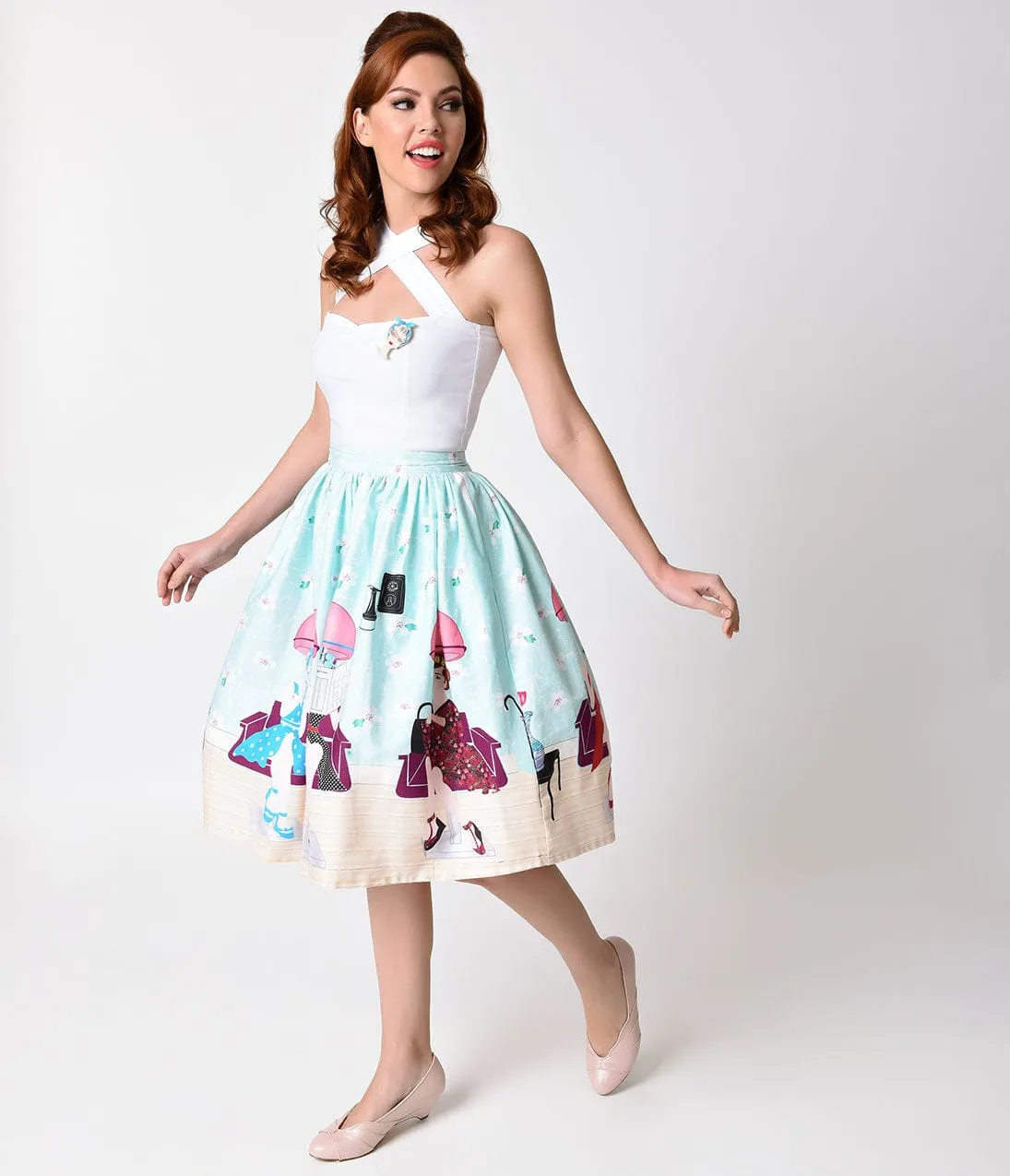 Unique Vintage 1950s Pastel Beauty Salon High Waist Circle Swing Skirt sold by Unique Vintage