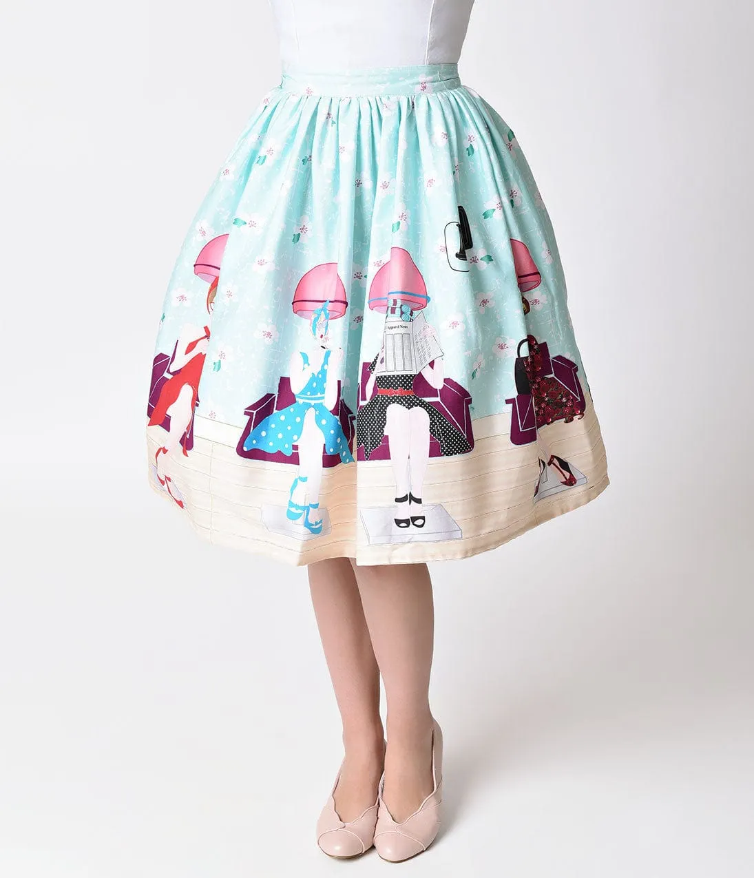 Unique Vintage 1950s Pastel Beauty Salon High Waist Circle Swing Skirt sold by Unique Vintage product image thumbnail 2