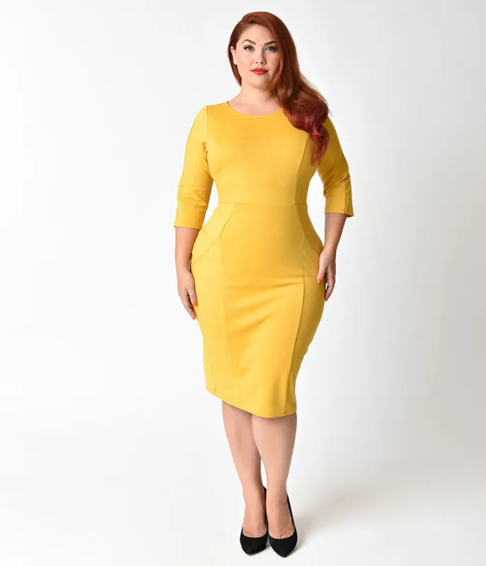 Unique Vintage Plus Size 1960s Style Mustard Yellow Long Sleeve Mod Wiggle Dress made by Unique Vintage