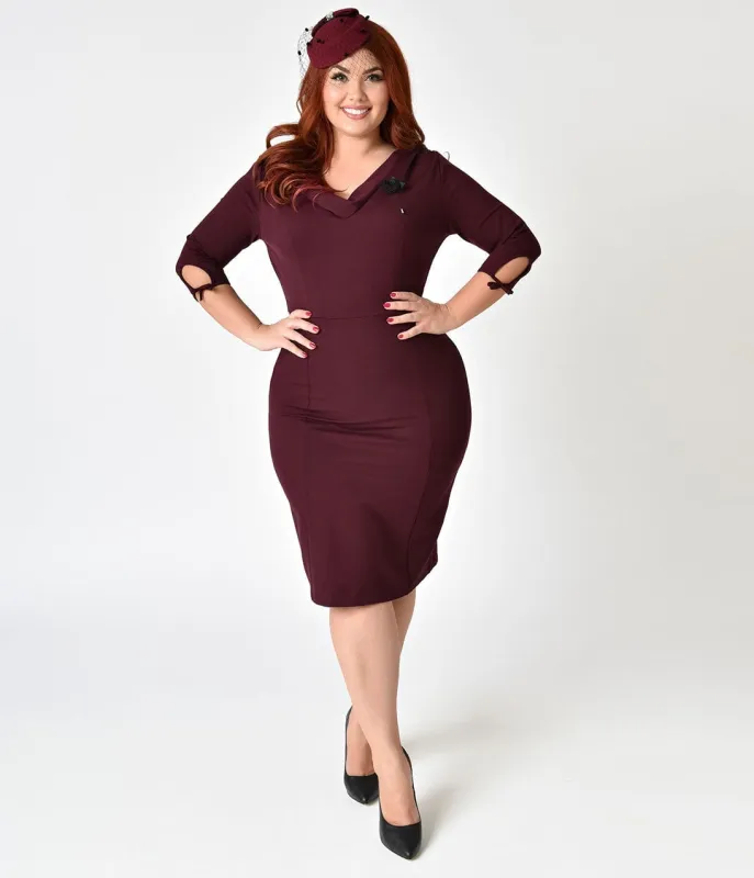 Unique Vintage Plus Size 1940s Style Merlot Carmen Half Sleeve Wiggle Dress made by Unique Vintage