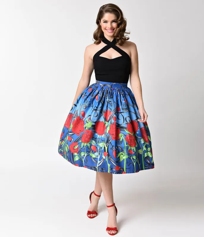 Unique Vintage 1950s Blue & Red Rose ItÃƒÂ¢Ã¢â€šÂ¬Ã¢â€žÂ¢s A Beauty High Waist Swing Skirt sold by Unique Vintage