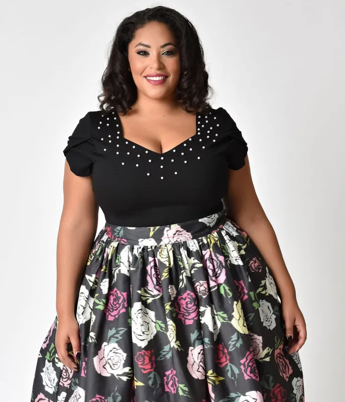 Janie Bryant For Unique Vintage Plus Size Black & Ivory Pearl Nora Short Sleeve Top made by Unique Vintage