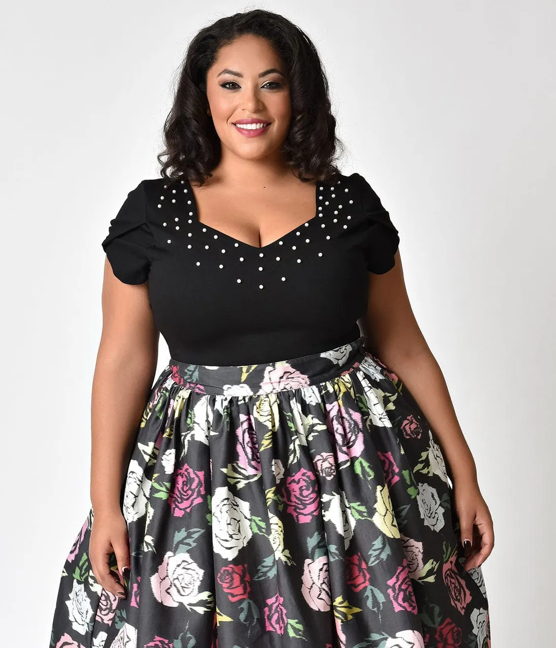 Janie Bryant For Unique Vintage Plus Size Black & Ivory Pearl Nora Short Sleeve Top sold by Unique Vintage