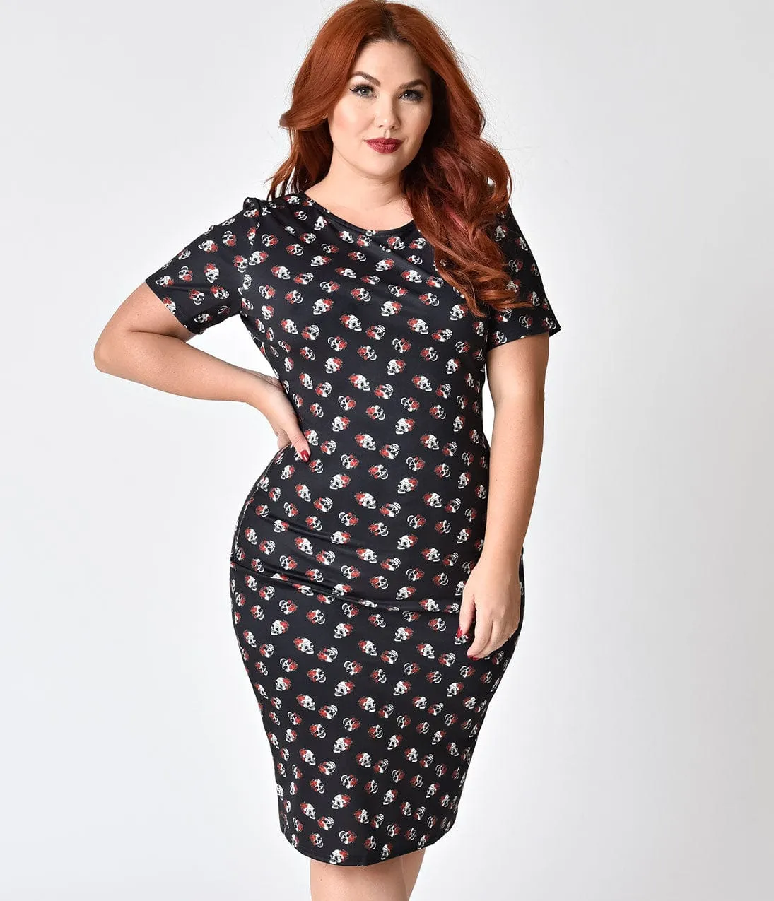 Unique Vintage Plus Size 1960s Style Black & Rose Skull Knit Presley Wiggle Dress sold by Unique Vintage product image thumbnail 3